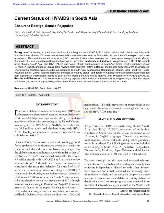 Current Status of HIV/AIDS in South Asia