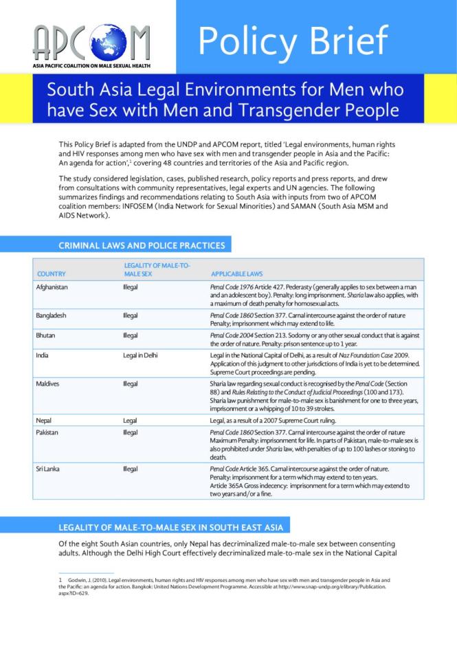 APCOM Policy Brief: South Asia Legal Environments for Men who have Sex with Men and Transgender People