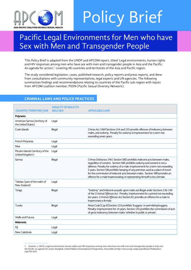 APCOM Policy Brief: Pacific Legal Environments for Men who have Sex with Men and Transgender People
