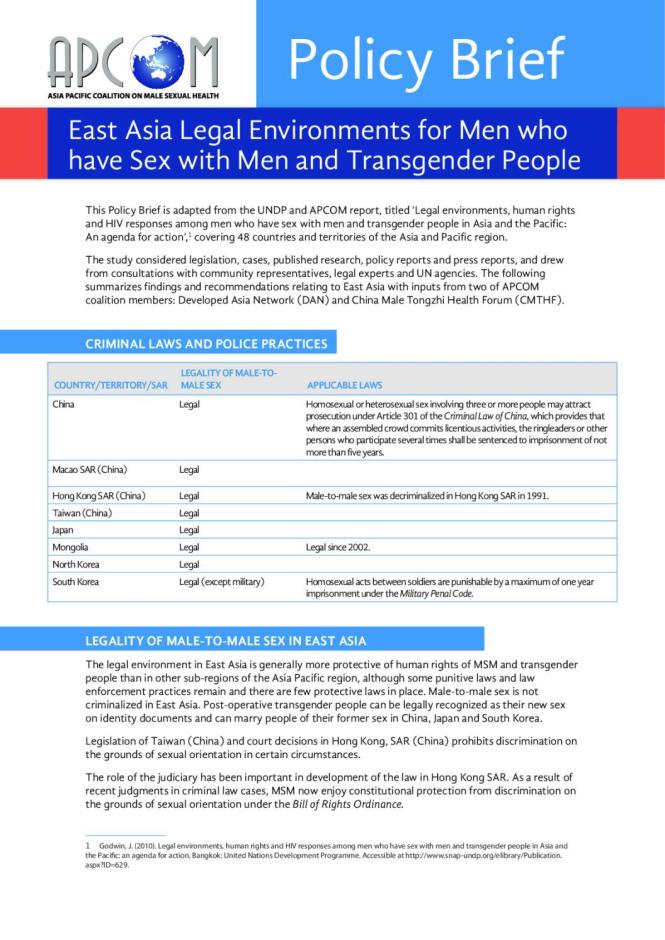 APCOM Policy Brief: East Asia Legal Environments for Men who have Sex with Men and Transgender People