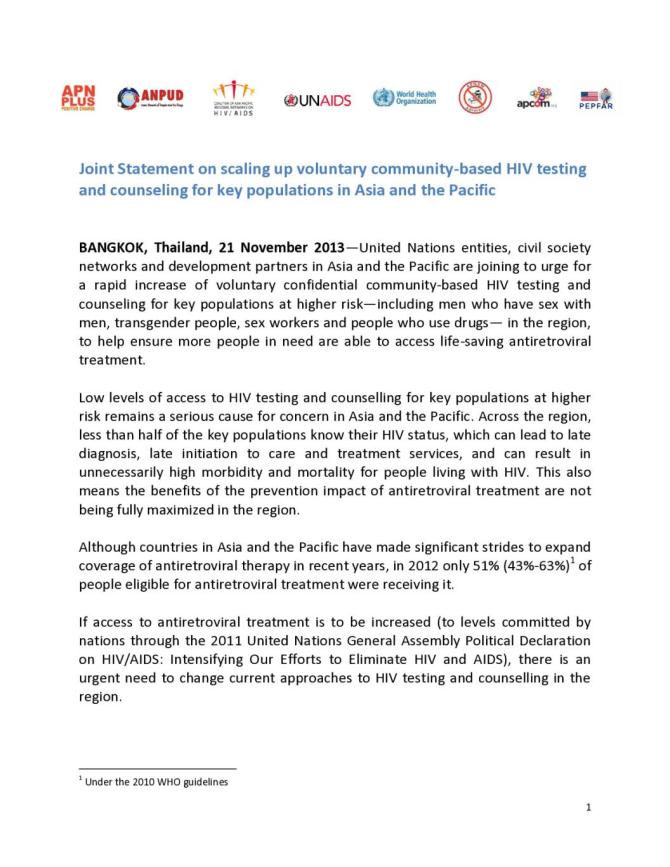Joint Statement on Scaling up Voluntary Community-based HIV Testing and Counseling for Key Populations in Asia and the Pacific