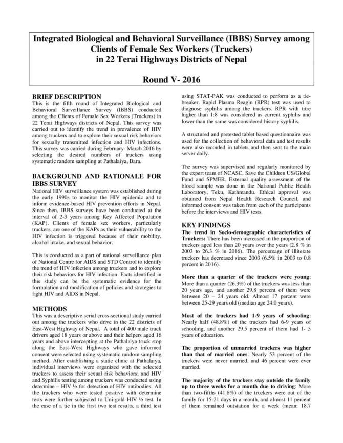 Integrated Biological and Behavioral Surveillance (IBBS) Survey among Clients of Female Sex Workers (Truckers) in 22 Terai Highways Districts of Nepal: Round V - 2016 (Fact Sheet)