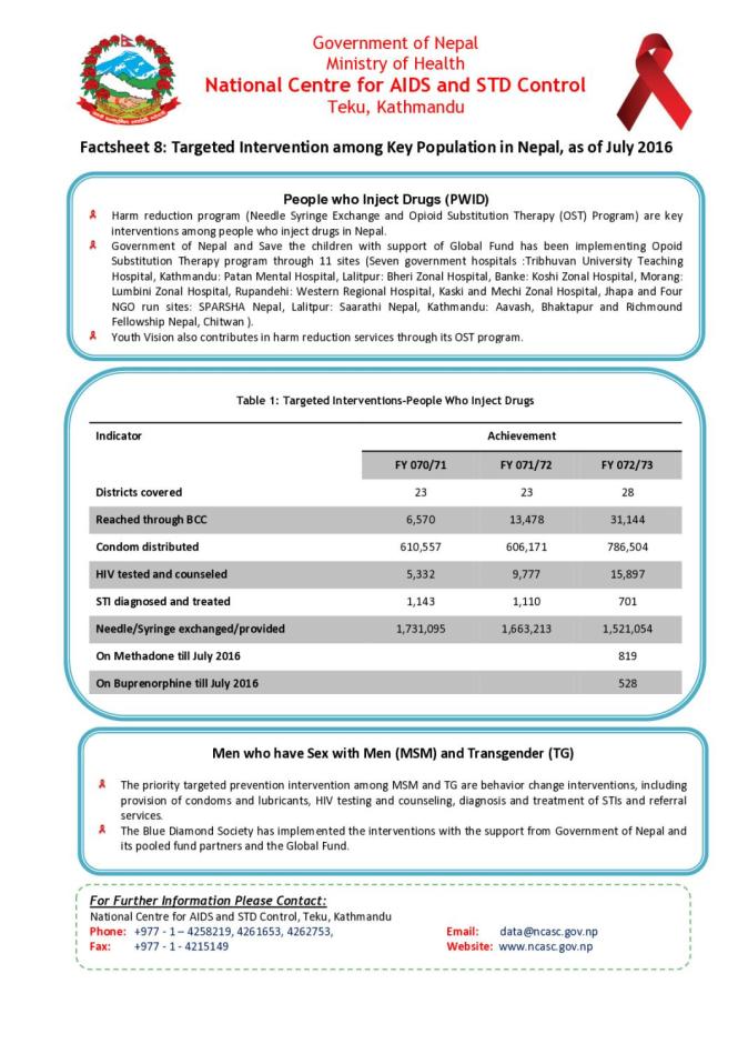 Factsheet 8: Targeted Intervention among Key Population in Nepal, as of July 2016