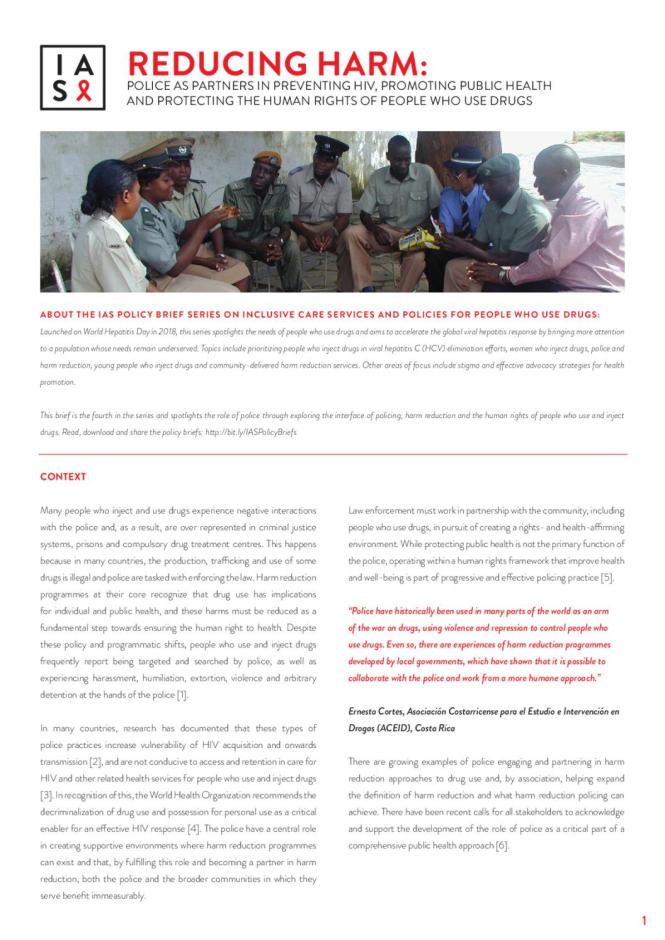 Reducing Harm: Police as Partners in Preventing HIV, Promoting Public Health and Protecting the Rights of People who Use Drugs