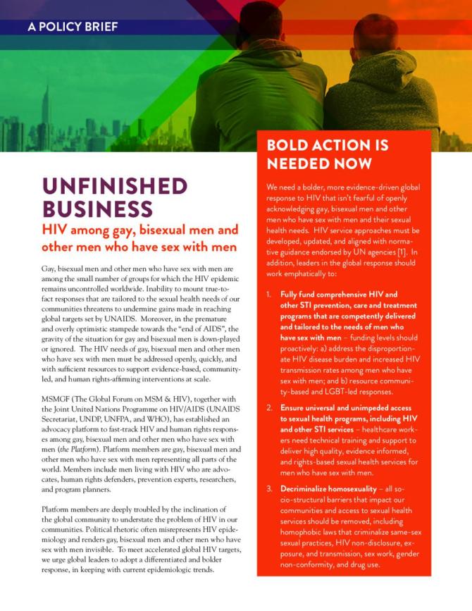 Unfinished Business: HIV Among Gay, Bisexual Men and Other Men who have Sex with Men