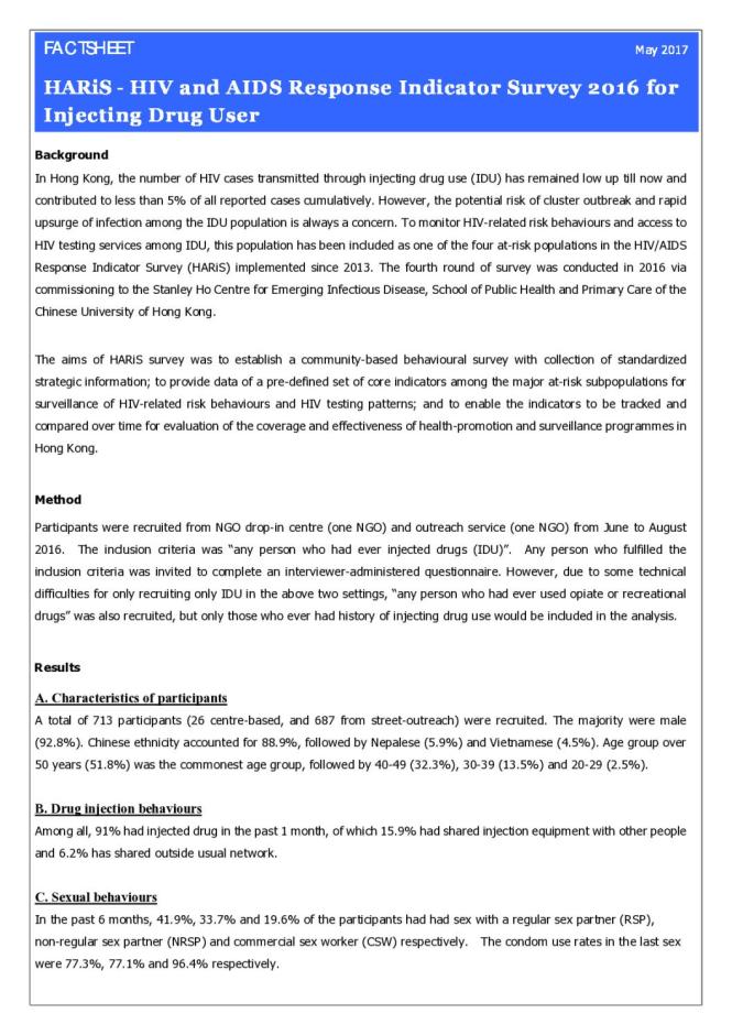 Factsheet: HARIS - HIV and AIDS Response Indicator Survey 2016 for Injecting Drug User