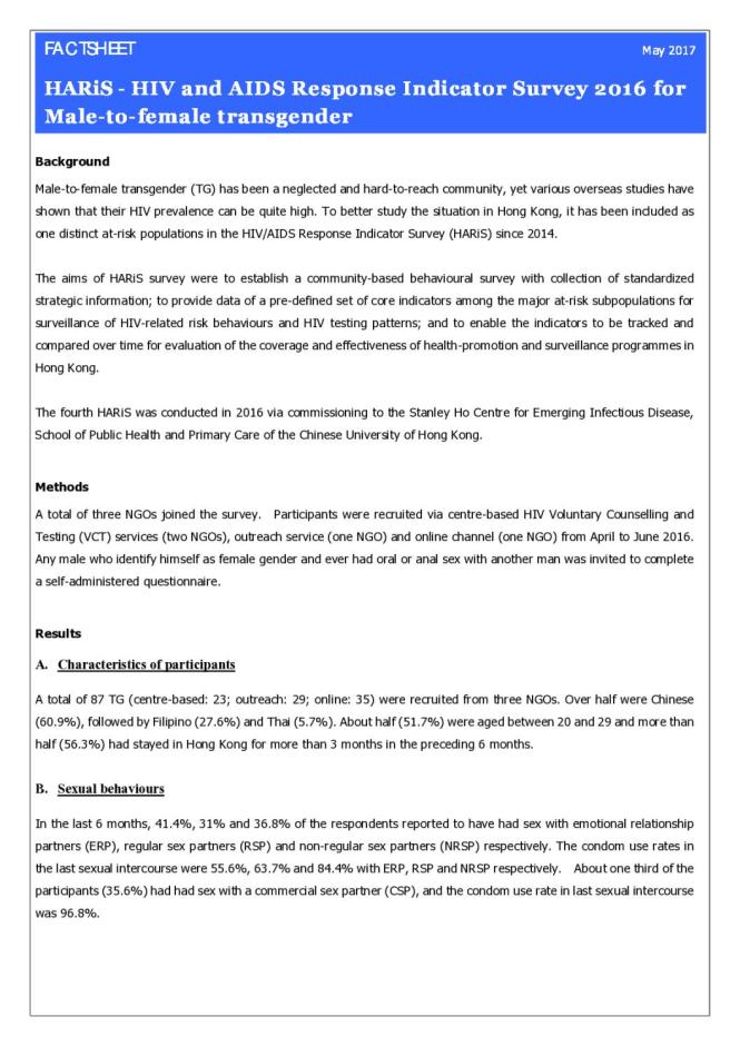 Factsheet: HARiS - HIV and AIDS Response Indicator Survey 2016 for Male-to-Female Transgender