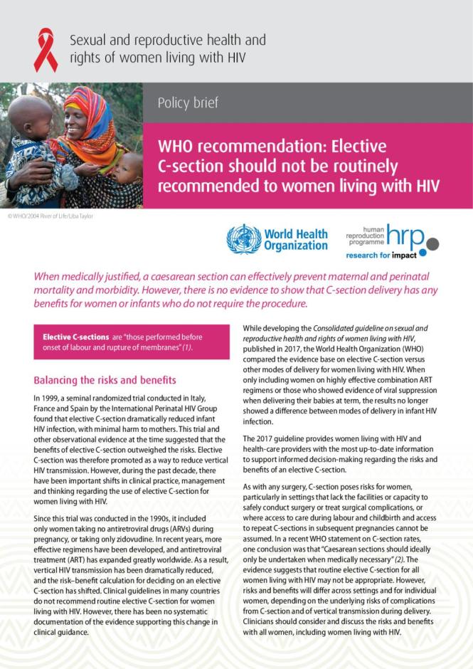 WHO Recommendation: Elective C-section Should not be Routinely Recommended to Women Living with HIV