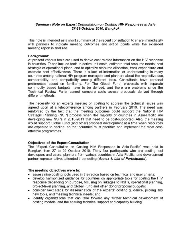 Summary Note on Expert Consultation on Costing HIV Responses in Asia