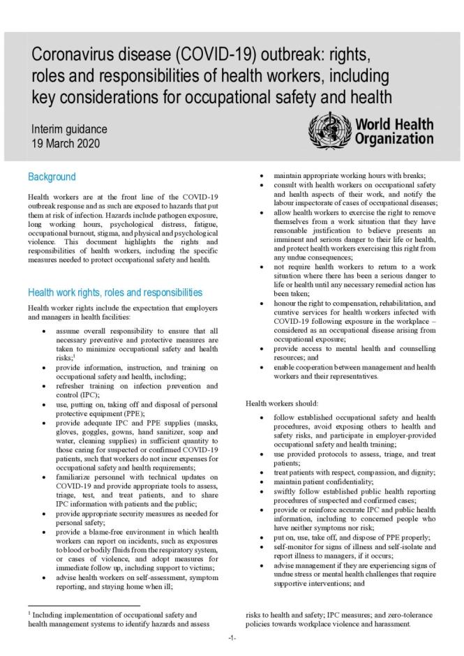 Coronavirus Disease (COVID-19) Outbreak: Rights, Roles and Responsibilities of Health Workers, Including Key Considerations for Occupational Safety and Health