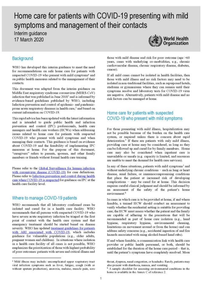 Home Care for Patients with COVID-19 Presenting with Mild Symptoms and Management of Their Contacts
