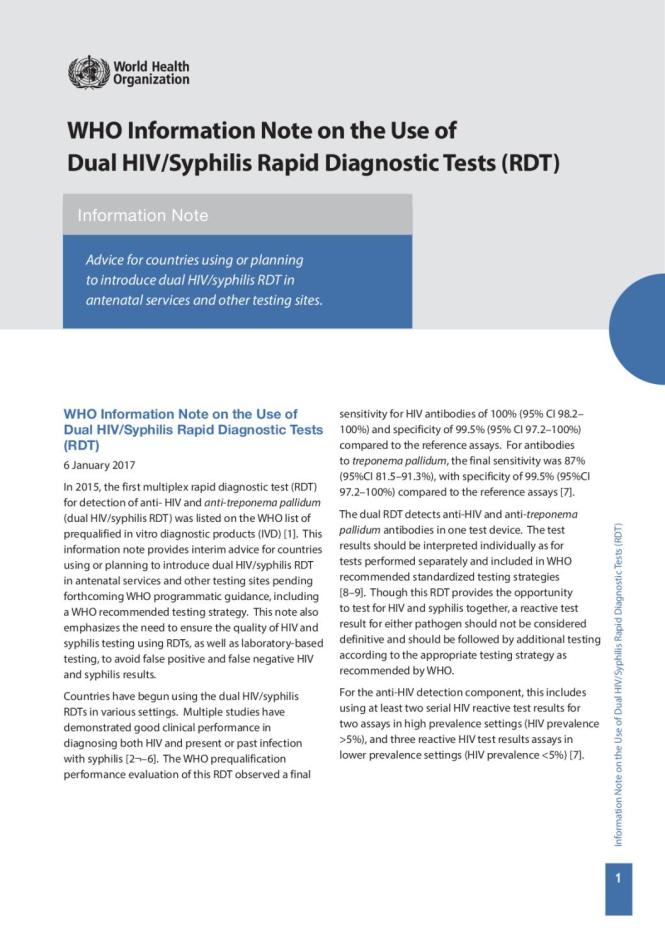 WHO Information Note on the Use of Dual HIV/Syphilis Rapid Diagnostic Tests (RDT)