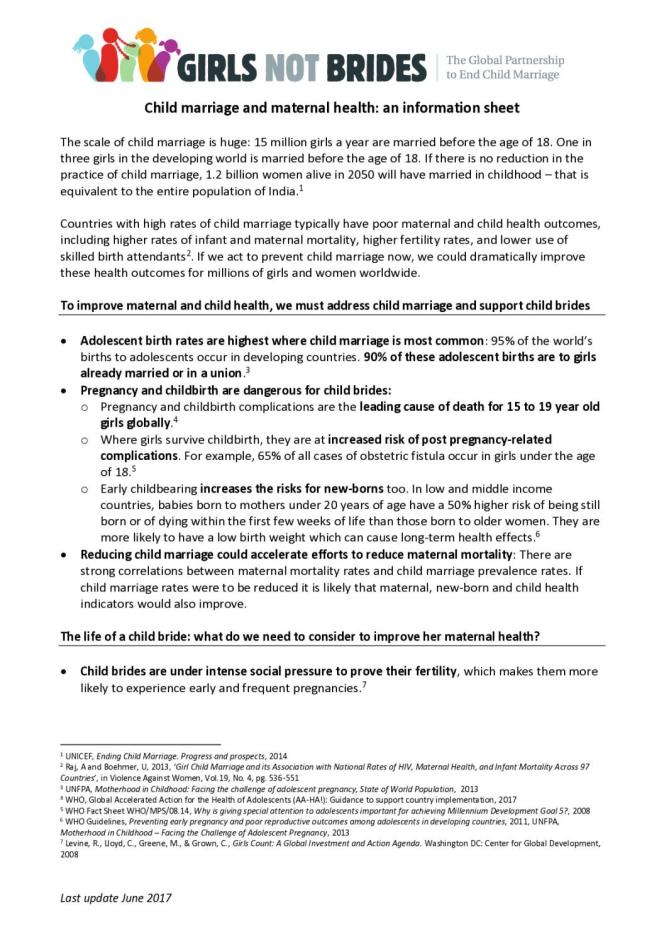 Child Marriage and Maternal Health: Information Sheet