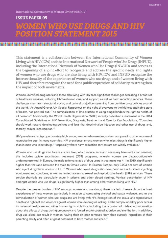 Women Who Use Drugs and HIV Position Statement 2015