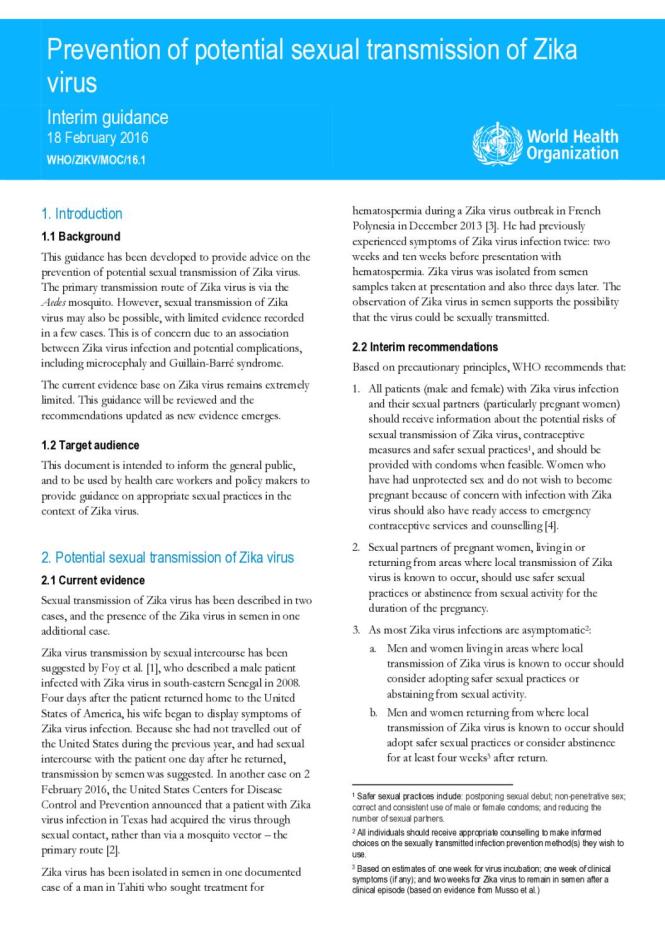Prevention of Sexual Transmission of Zika Virus: Interim Guidance