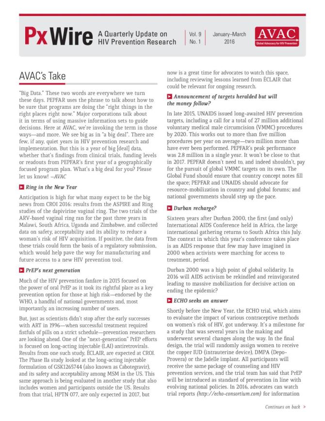 Px Wire: A Quarterly Update on HIV Prevention Research (January-March 2016)