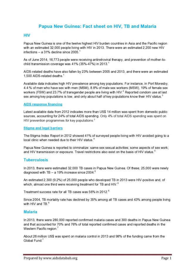 Papua New Guinea: Fact Sheet on HIV, TB and Malaria. (2015)