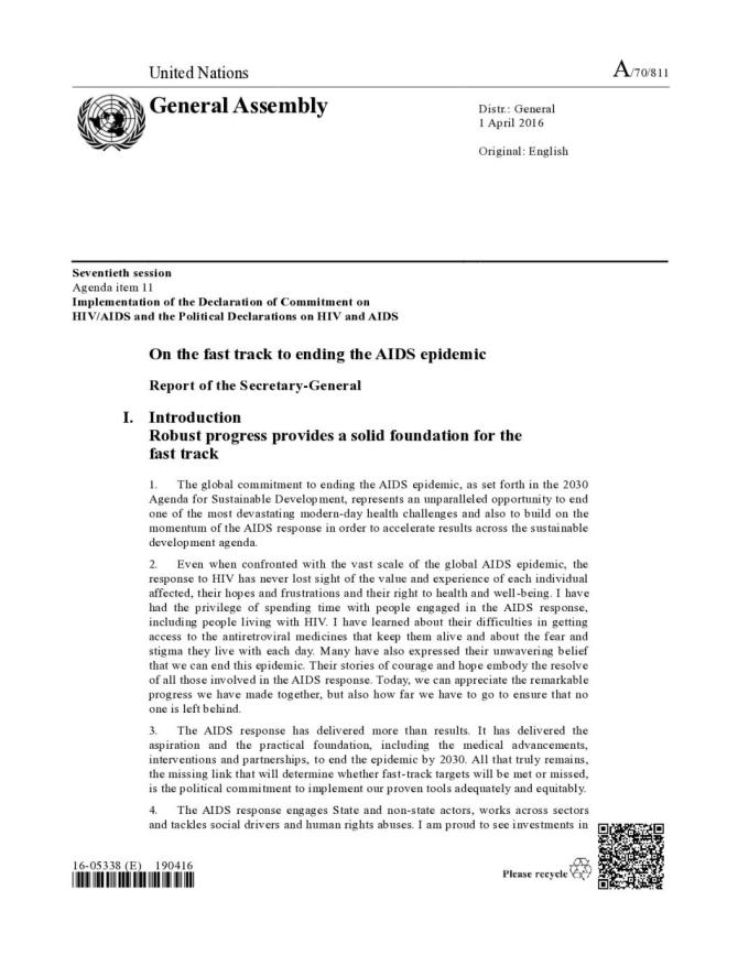 On the Fast-Track to Ending the AIDS Epidemic: Report of the United Nations Secretary-General for the High-Level Meeting on Ending AIDS