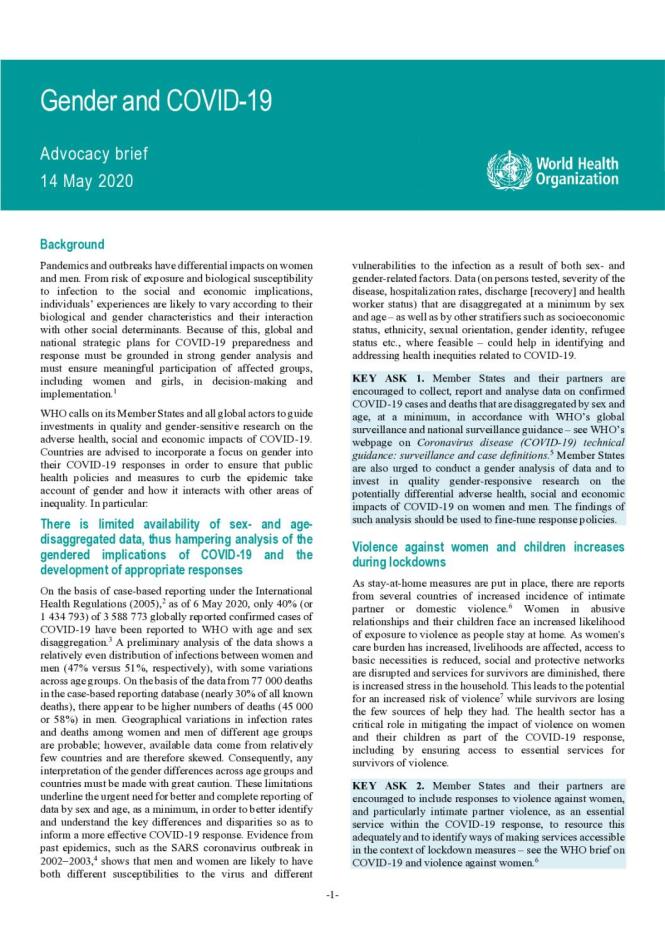 Gender and COVID-19: Advocacy Brief, 14 May 2020. WHO. (2020)