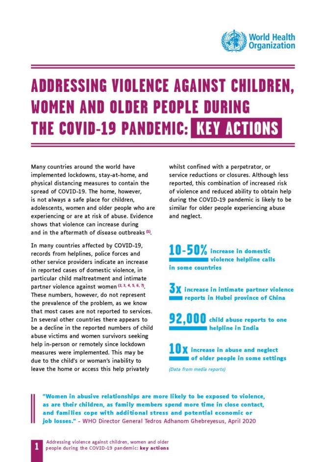 Addressing Violence against Children, Women and Older Oeople during the COVID-19 Pandemic: Key Actions