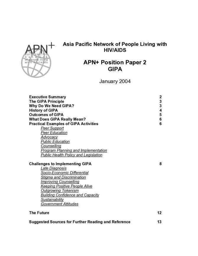 Asia Pacific Network of People Living with HIV/AIDS: APN+ Position Paper 2 GIPA