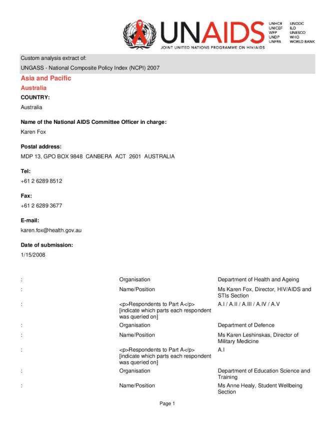 Australia National Composite Policy Index 2007