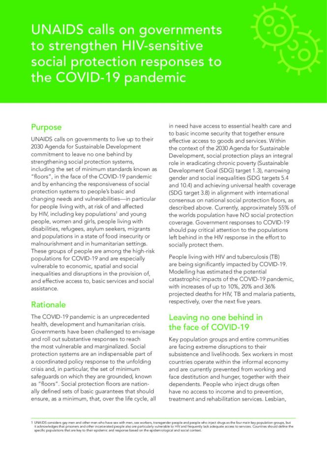 UNAIDS Calls on Governments to Strengthen HIV-sensitive Social Protection Responses to the COVID-19 Pandemic