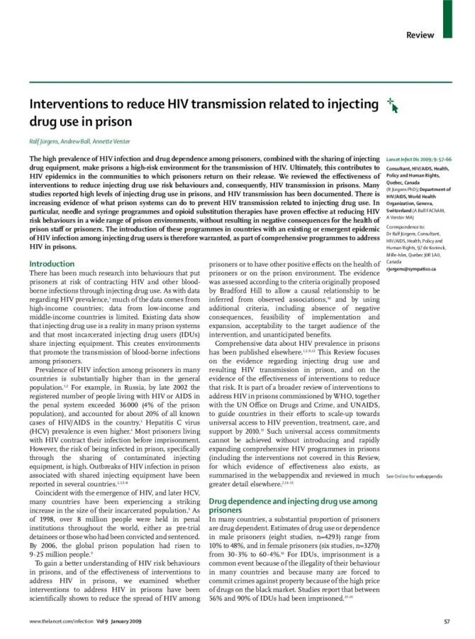 Interventions to Reduce HIV Transmission Related to Injecting Drug Use in Prison