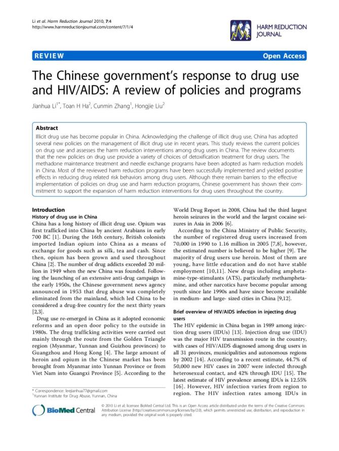 The Chinese Government's Response to Drug Use and HIV/AIDS: A Review of Policies and Programs