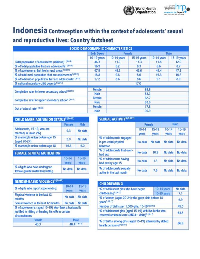 Indonesia Contraception within the Context of Adolescents’ Sexual and Reproductive Lives: Country Factsheet