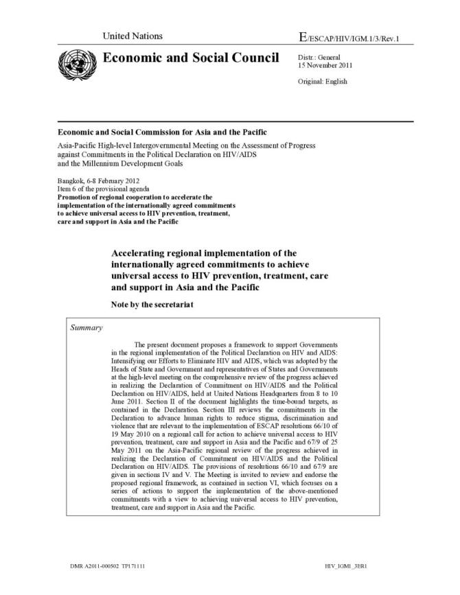 Accelerating Regional Implementation of the Internationally Agreed Commitments to Achieve Universal Access to HIV Prevention, Treatment, Care and Support in Asia and the Pacific