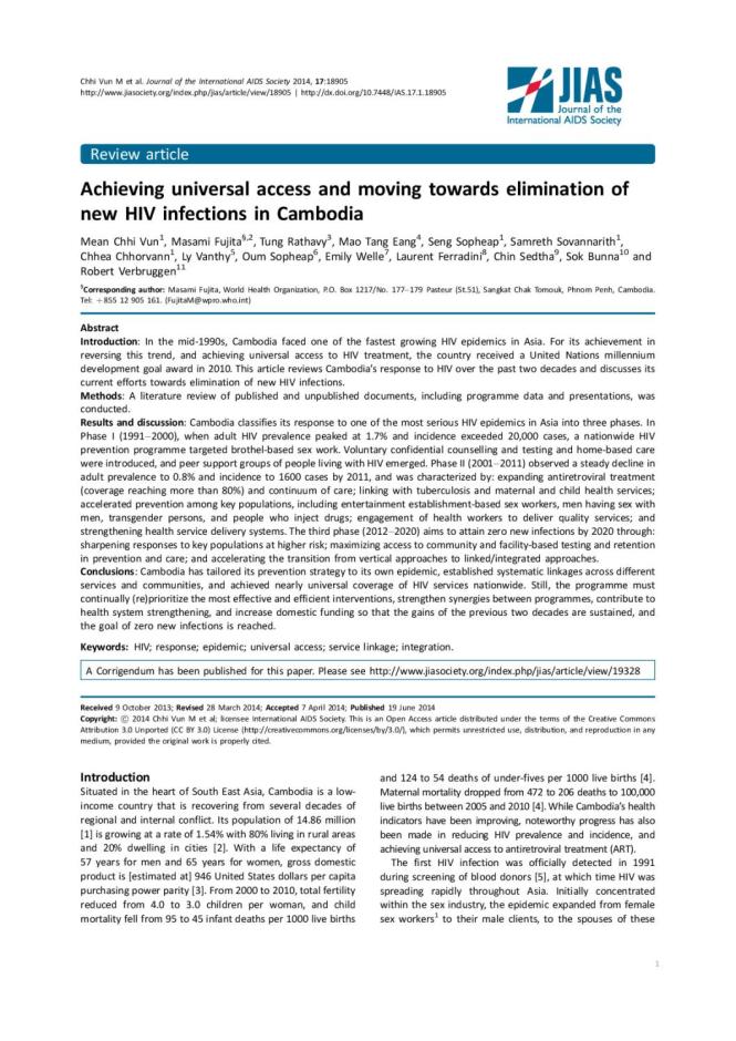 Achieving Universal Access and Moving towards Elimination of New HIV Infections in Cambodia