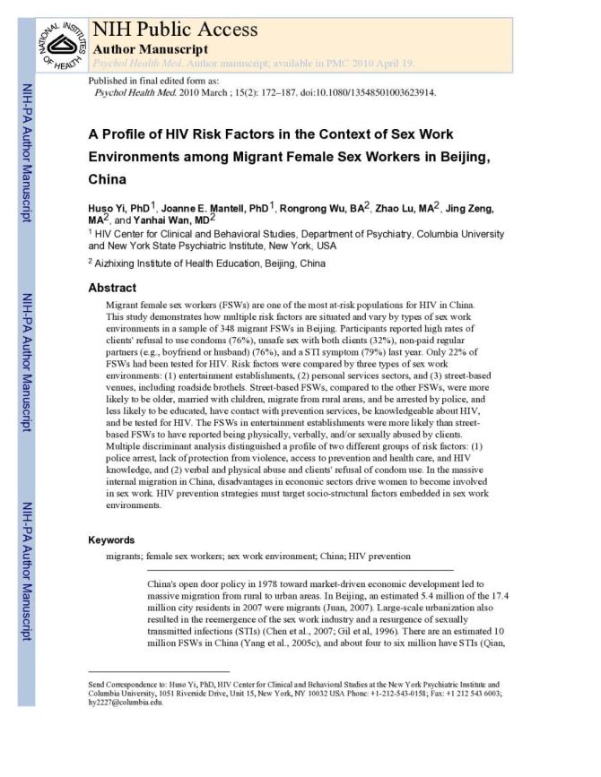 A Profile of HIV Risk Factors in the Context of Sex Worker Environments among Migrant Female Sex Workers in Beijing, China