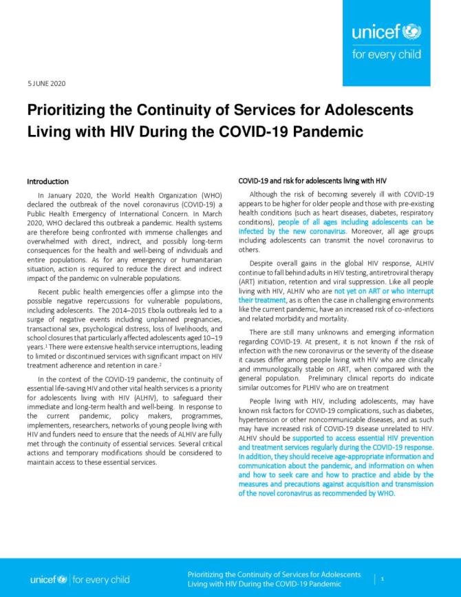 Prioritizing the Continuity of Services for Adolescents Living with HIV during the COVID-19 Pandemic