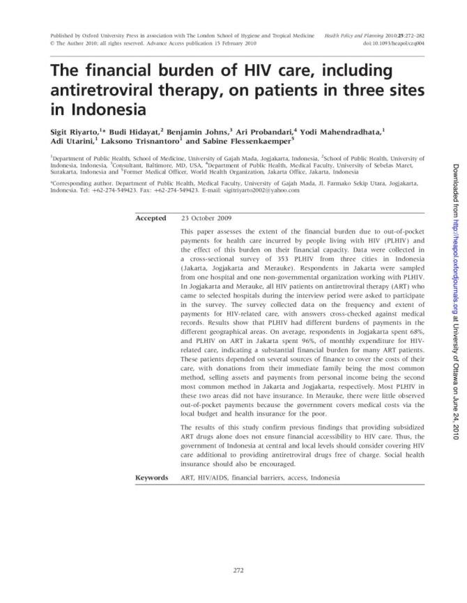 The Financial Burden of HIV Care, Including ART, on Patients in Three Sites in Indonesia