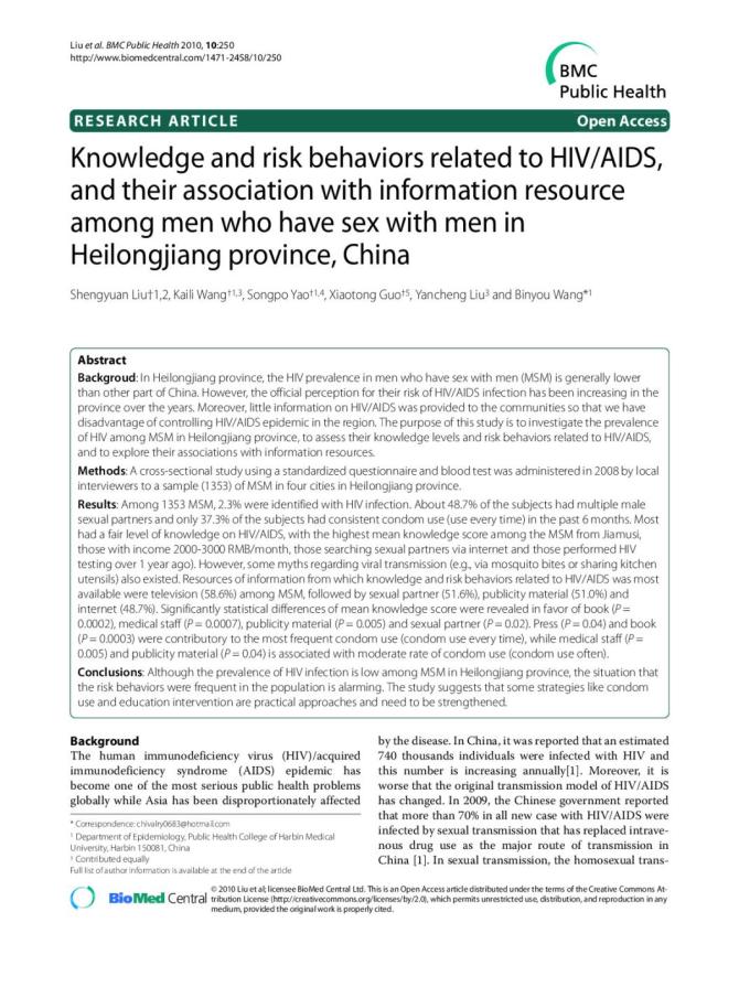 Knowledge and Risk Behaviors Related to HIV/AIDS, and their Association with Information Resource among Men who have Sex with Men in Heilongjiang Province, China