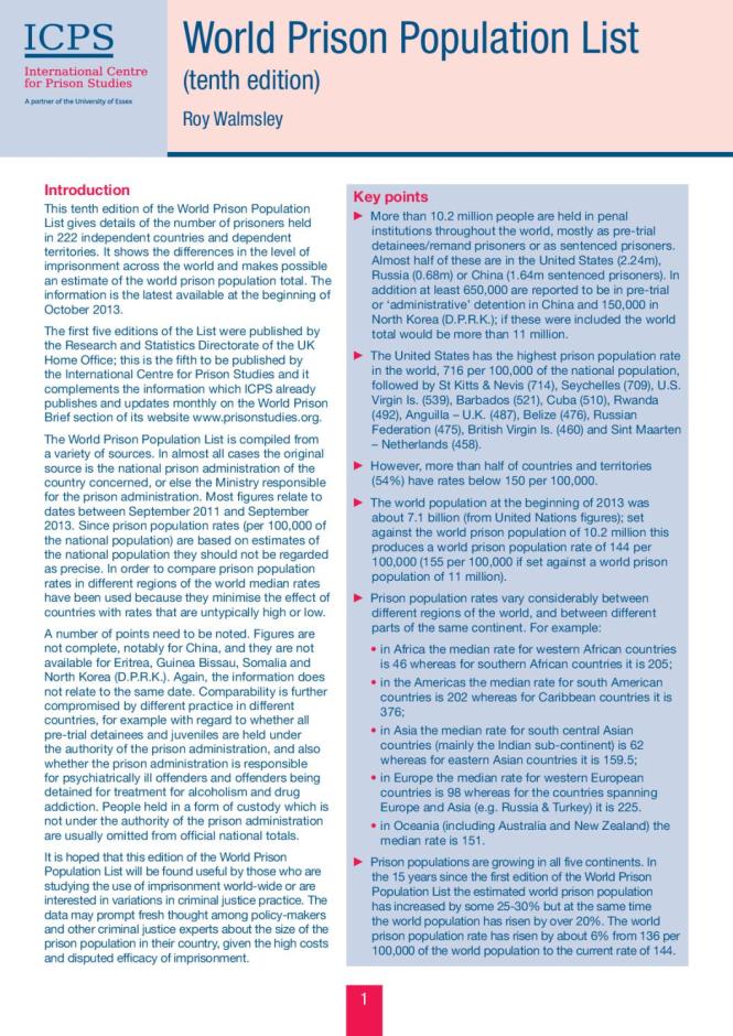 World Prison Population List (Tenth Edition)