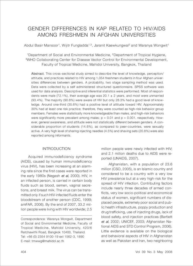 Gender Differences in KAP Related to HIV/AIDS among Freshmen in Afghan University