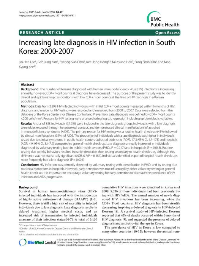 Increasing Late Diagnosis in HIV Infection in South Korea: 2000-2007