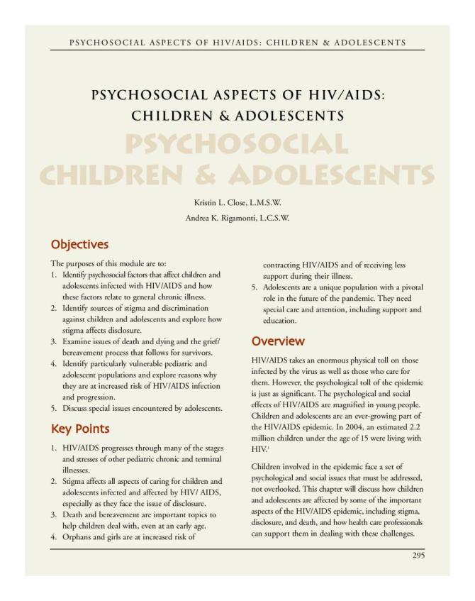 Psychosocial Aspects of HIV/AIDS: Children & Adolescents