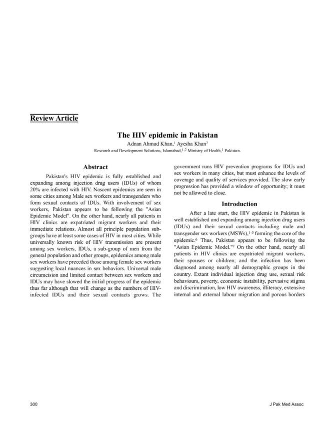 The HIV Epidemic in Pakistan