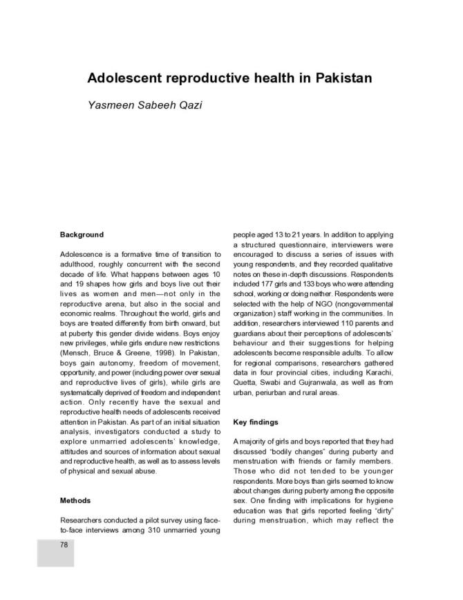 Adolescent Reproductive Health in Pakistan