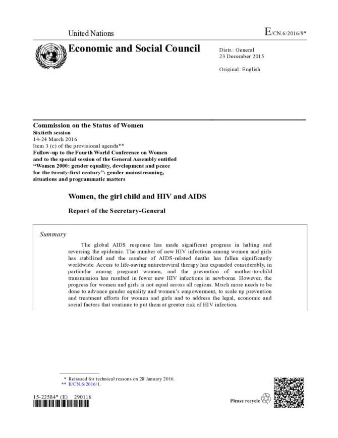 Women, the Girl Child and HIV and AIDS, 60th Session Commission on the Status of Women