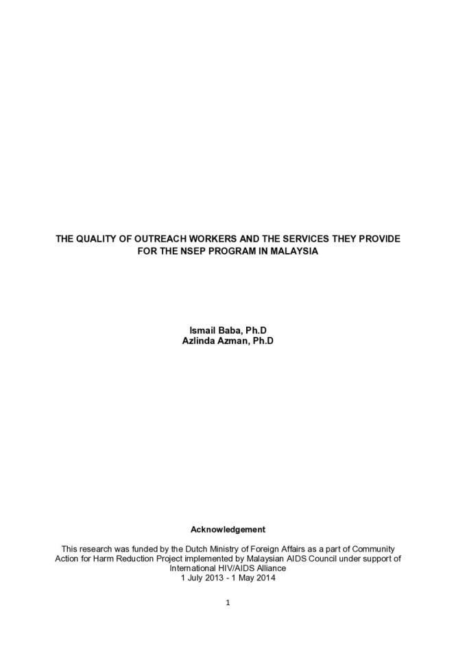 The Quality of Outreach Workers and the Services They Provide for the NSEP Program in Malaysia