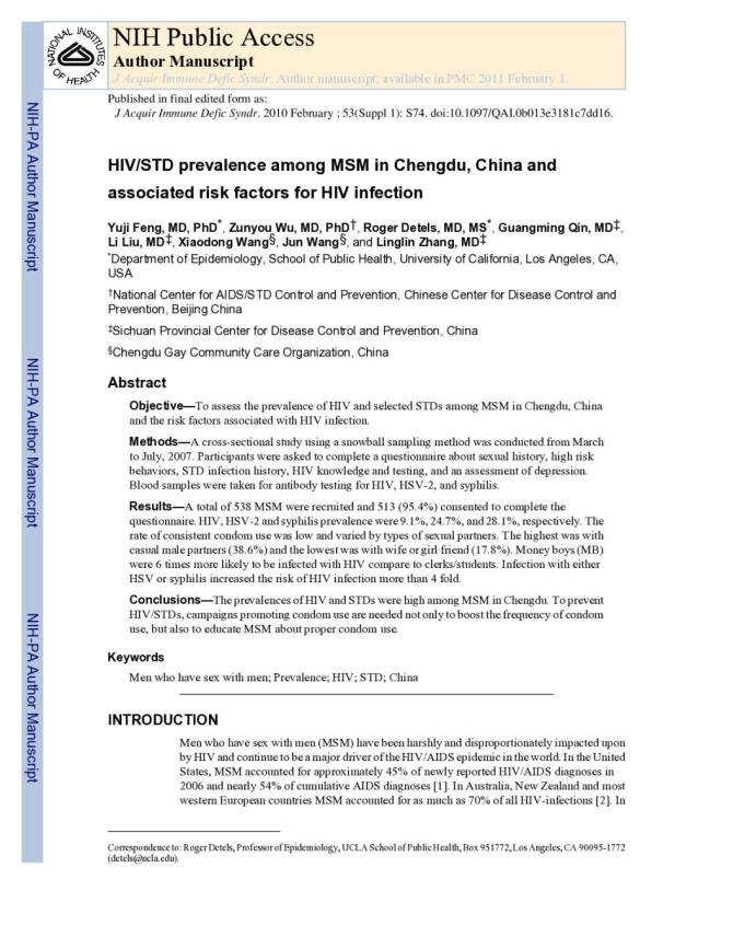 HIV/STD Prevalence among MSM in Chengdu, China and Associated Risk Factors for HIV Infection