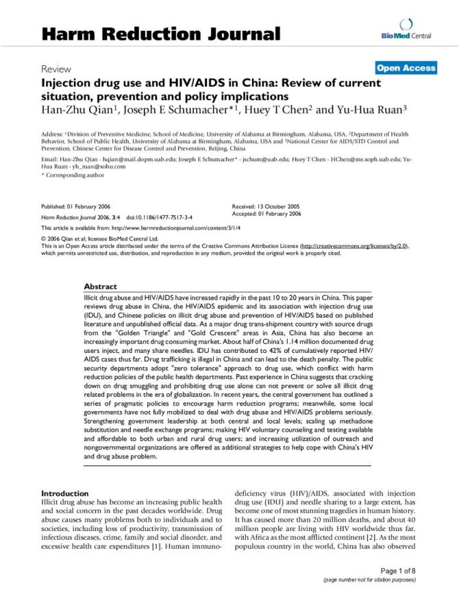 Injection Drug Use and HIV/AIDS in China: Review of Current Situation, Prevention and Policy Implications