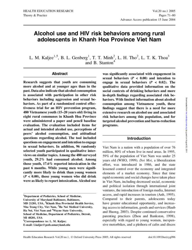 Alcohol Use and HIV Risk Behaviors among Rural Adolescents in Khanh Hoa Province Viet Nam