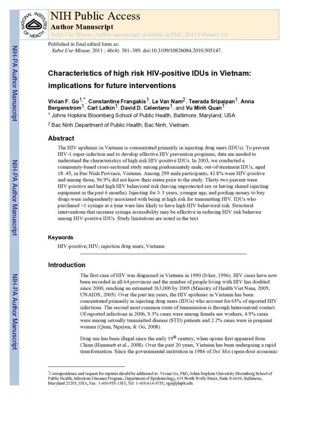 Characteristics of High Risk HIV-Positive IDUs in Vietnam: Implications for Future Interventions