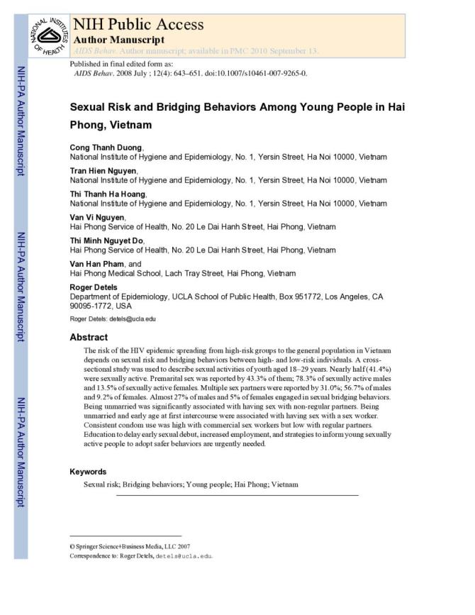 Sexual Risk and Bridging Behaviors among Young People in Hai Phong, Vietnam