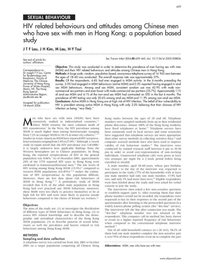 HIV Related Behaviors and Attitudes among Chinese MSM in Hong Kong: A Population Based Study